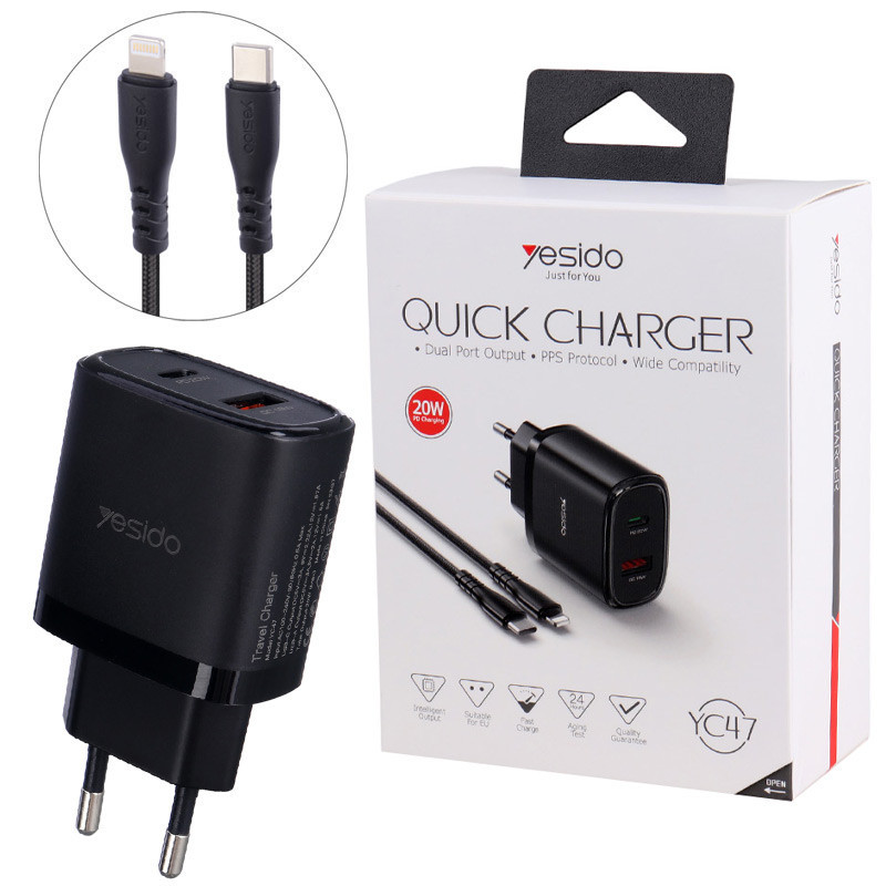 شارژر دیواری 20 وات یسیدو YC47 PD QC 3A + کابل تبدیل آیفونی