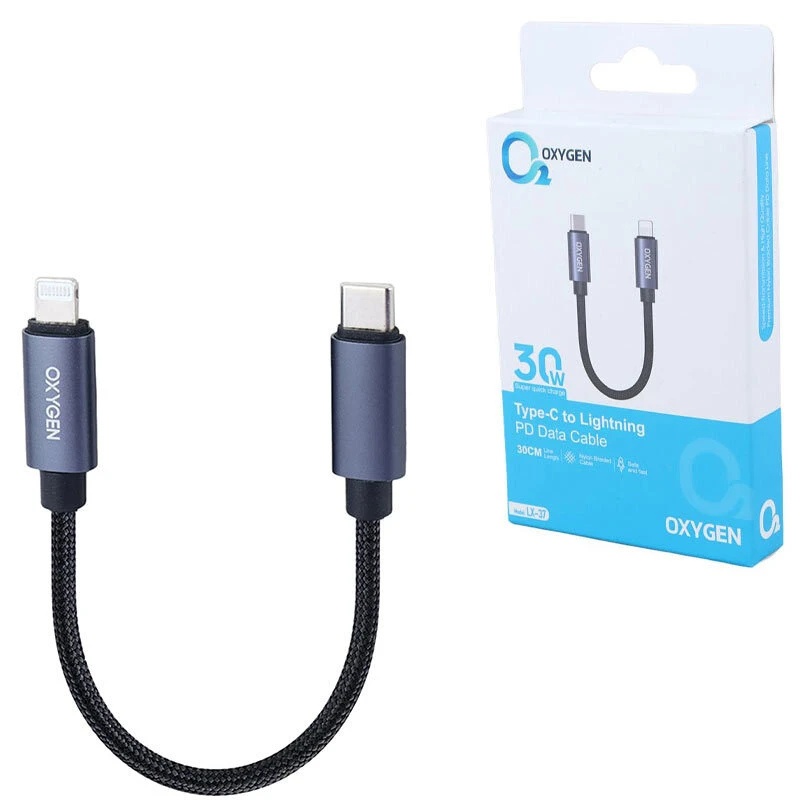 کابل کوتاه تایپ سی به لایتنینگ فست شارژ 30 وات اکسیژن LX-37 طول 30 سانتی متر