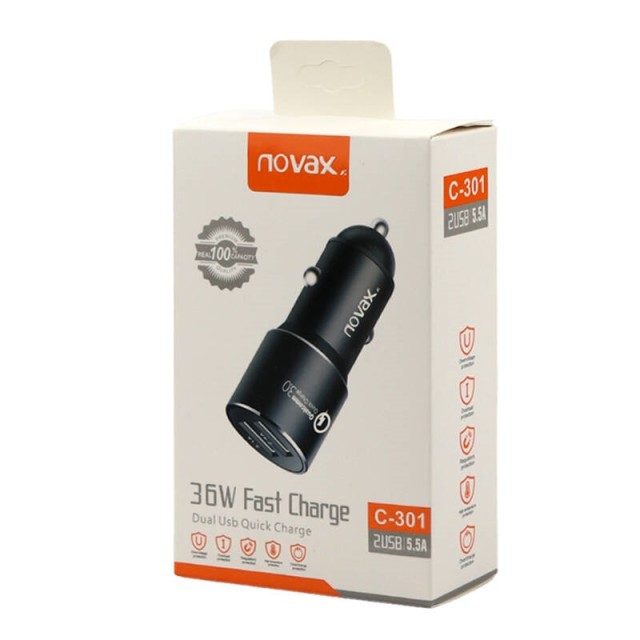شارژر فندکی فست شارژ Novax C-301 2Port 5.5A QC3.0 36W + کابل Type-C