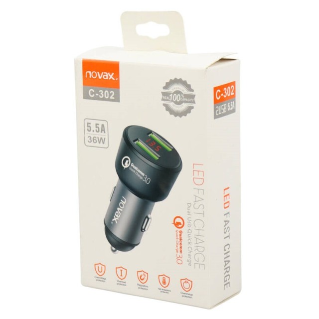 شارژر فندکی فست شارژ Novax C-302 QC3.0 5.5A 36W + کابل Type-C