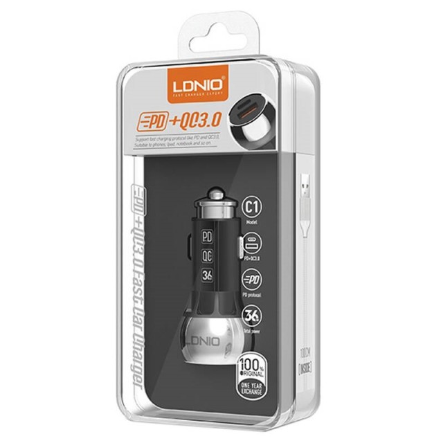 شارژر فندکی فست شارژ Ldnio C1 3A QC3.0 PD 36W + کابل میکرو یو اس بی