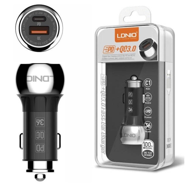 شارژر فندکی فست شارژ LDNIO C1 36W PD+QC3 + کابل Type-C