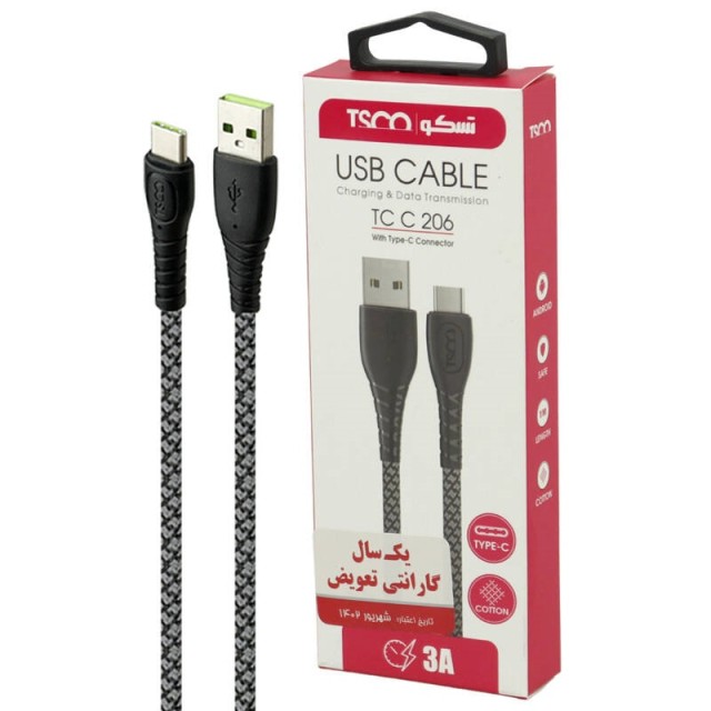 کابل تایپ سی فست شارژ TSCO TCC206 3A 1m