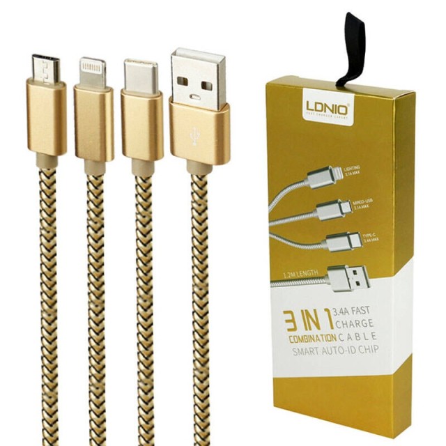 کابل ۳ سر فست شارژ Ldnio LC85C 3.4A 1.2m