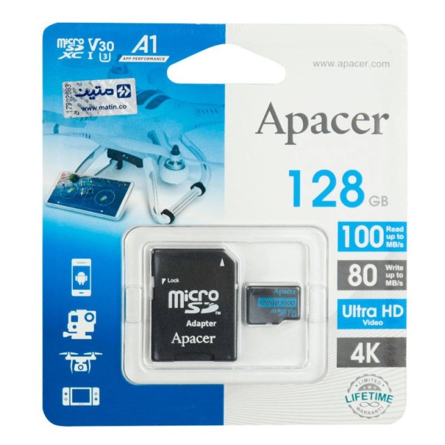رم میکرو ۱۲۸ گیگ اپیسر Apacer Rioo A1 V30 U3 C10 100MB/s + خشاب
