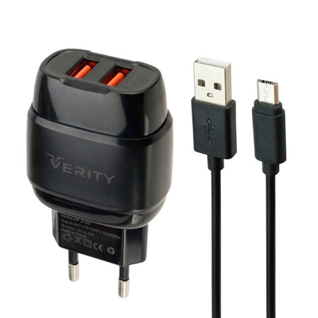 شارژر دیواری فست شارژ Verity AP2123 2Port 2.4A + کابل میکرو یو اس بی
