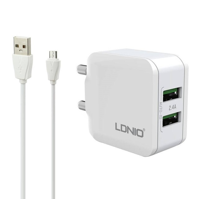 شارژر دیواری فست شارژ LDNIO A2202 2.4A 12W + کابل میکرو یو اس بی