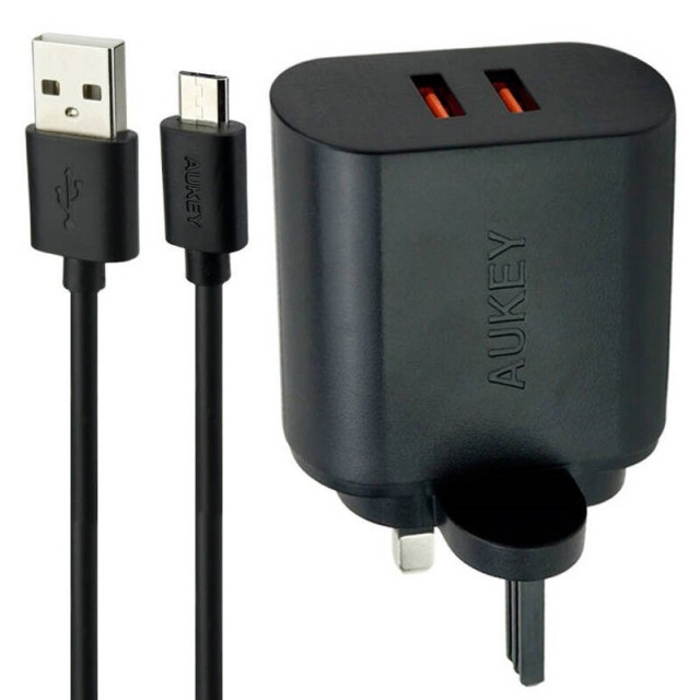شارژر دیواری فست شارژ Aukey PA-T16 2Port 3A QC3 PD 36W + کابل میکرو یو اس بی