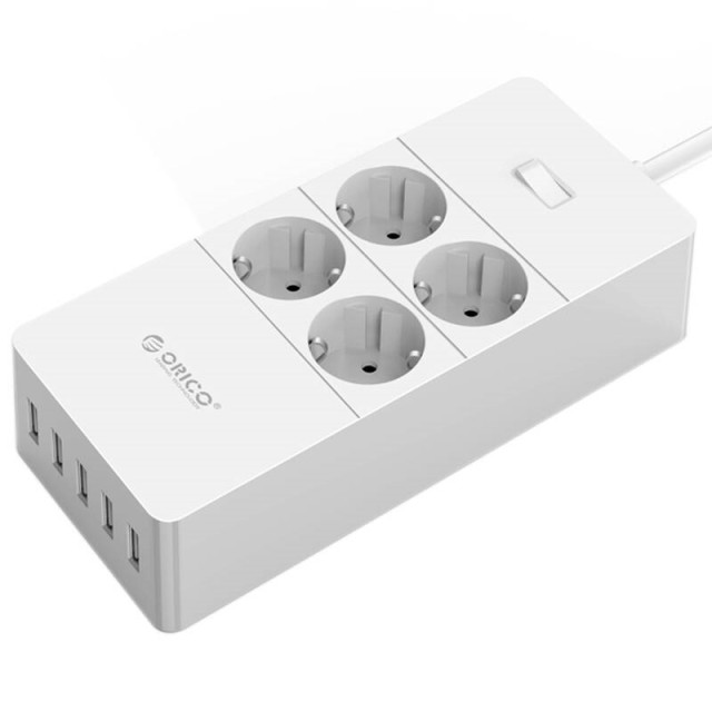 چند راهی ۴ خانه برق ارت دار اوریکو با کابل ۱٫۵ متری Orico HPC-4A5U-V1-EU + شارژر USB