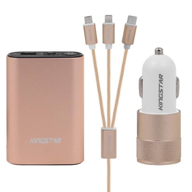ست پاوربانک و شارژر فندکی و کابل ۳ سر Kingstar KP BOX70