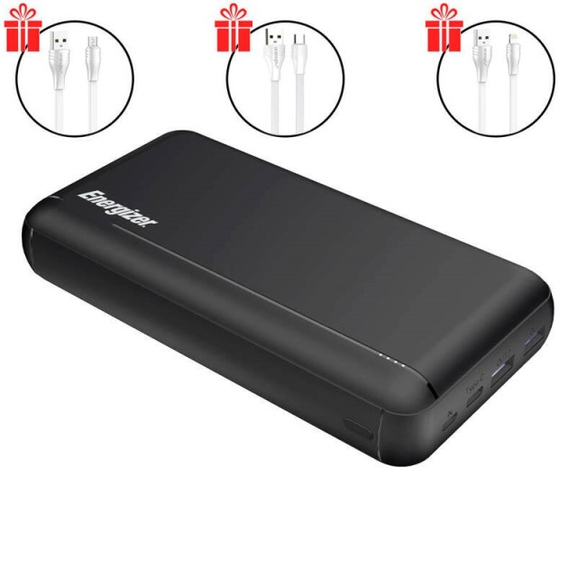 پاور بانک فست شارژ ۳۰۰۰۰ انرجایزر UE30057PQ QC3.0 PD 22.5W + سه عدد کابل هدیه