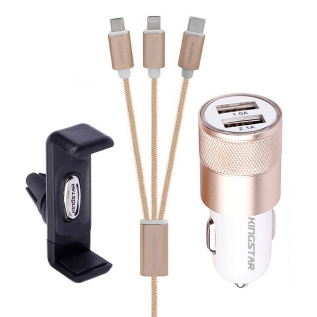 شارژر فندکی KingStar K Box50 2.1A 10.5W + هولدر + کابل ۳ سر