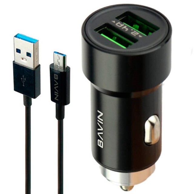 شارژر فندکی فست شارژ Bavin PC375 2.4A 12W + کابل میکرو یو اس بی