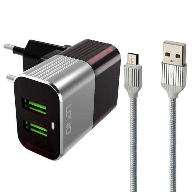 شارژر دیواری فست شارژ LDNIO A2206 2.4A 12W + کابل میکرو یو اس بی و تبدیل EU