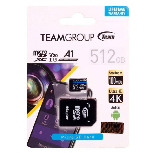 رم میکرو ۵۱۲ گیگ تیم گروپ TeamGroup Elite A1 V30 U3 C10 100MB/s + خشاب