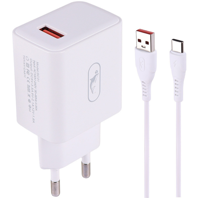 شارژر دیواری فست شارژ Sky Dolphin SC31T QC3.0 3.5A 18W + کابل تایپ سی