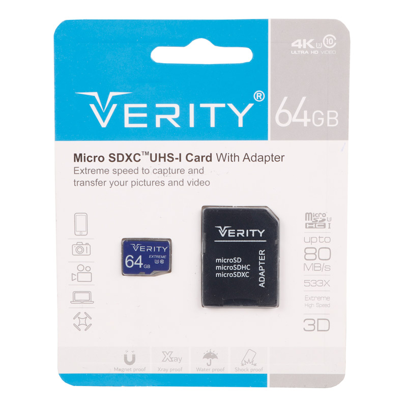 رم میکرو 64 گیگ وریتی Verity U3 C10 80MB/s + خشاب