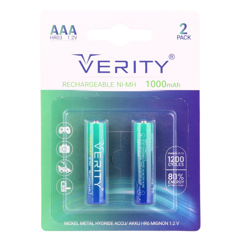 باتری دوتایی نیم قلمی شارژی Verity Rechargeable Ni-MH HR03 AAA 1000mAh