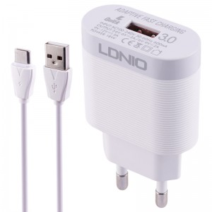 شارژر دیواری فست شارژ Ldnio A303Q QC3.0 PD 18W + کابل تایپ سی