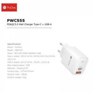 کلگی فست شارژ ProOne PWC555 2Port 3A QC3.0 PD3.0 20W