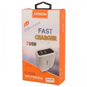 شارژر دیواری فست شارژ Arson AN-V3 2Port 3A QC3.0 PD 21.5W + کابل آیفونی