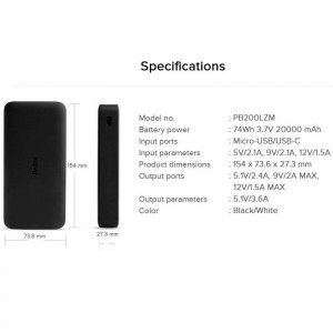 پاور بانک فست شارژ شیائومی Redmi PB200LZM 18W High Copy Grade A ظرفیت 20000 میلی آمپر ساعت