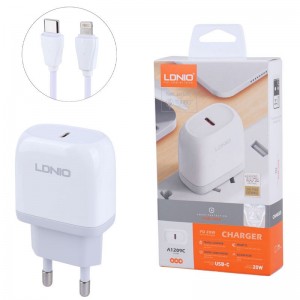 شارژر دیواری 20 وات الدینیو A1209C PD 3A + کابل تبدیل آیفونی
