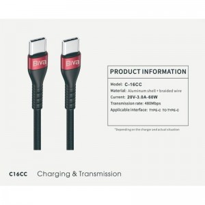 کابل تبدیل فست شارژ Biva C-16CC Type-C to Type-C 3A 60W 1.2m