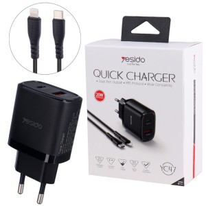 شارژر دیواری 20 وات یسیدو YC47 PD QC 3A + کابل تبدیل آیفونی