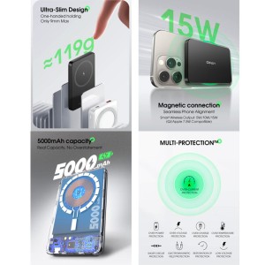 پاور بانک بی سیم فست شارژ الدینیو PQ28 QC3.0 PD 20W ظرفیت 5000 میلی آمپر ساعت