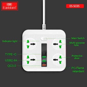 چند راهی 4 خانه ارلدام ES-SC05 با کابل 2 متری + شارژر USB و Type-C