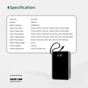 پاور بانک فست شارژ گرین لاین Madrid 20 GL-PX32 GNMAD20PBKGY PD 35W ظرفیت 20000 میلی آمپر ساعت