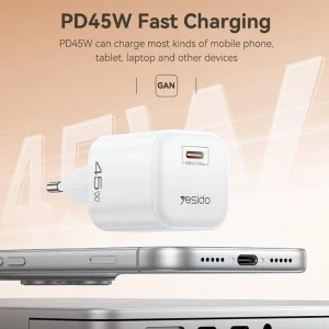 شارژر دیواری 45 وات یسیدو YC116 GaN PD 3A + کابل تبدیل تایپ سی - تصویر 8