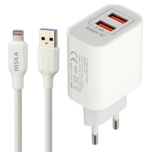 شارژر دیواری فست شارژ Hiska H107 2Port 2.4A 12W + کابل آیفونی