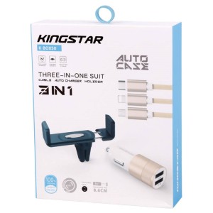 شارژر فندکی KingStar K Box50 2.1A 10.5W + هولدر + کابل ۳ سر