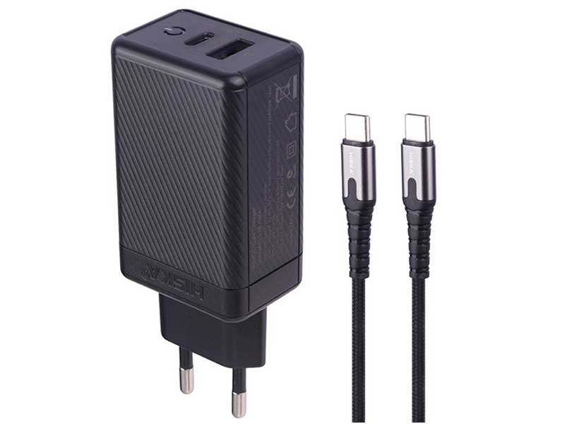 شارژر دیواری فست شارژ Hiska H-126 GaN 2Port QC3.0 PD 5A 65W + کابل تبدیل تایپ سی