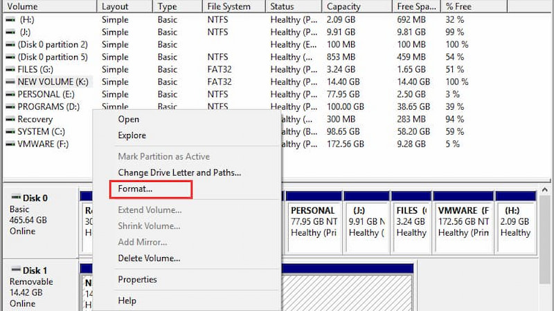 فرمت کارت SD با استفاده از Disk Management