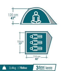 چادر کوهنوردی 3 نفره کچوا مدل MH100 GREY