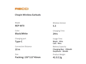 هندزفری بلوتوثی 5.3 رسی Recci REP- W70 CHOPIN ear earbuds