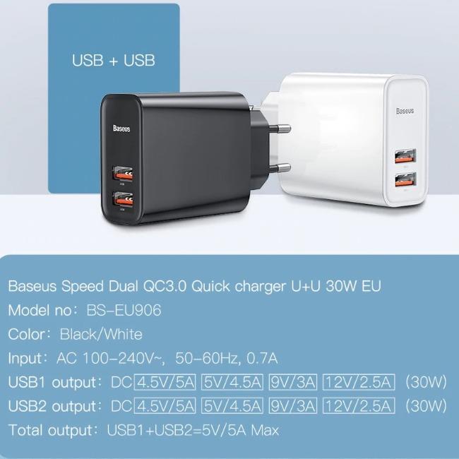 آداپتور دو خروجی یو اس بی بیسوس Baseus Speed Dual QC3.0 Quick charger U+U 30W EU