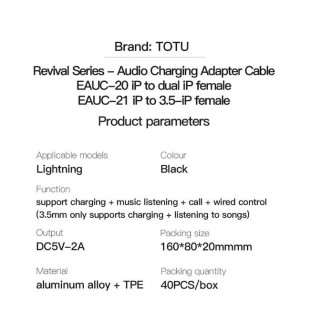 مبدل لایتنینگ به صدا و شارژر لایتنینگ توتو TOTU EAUC-20 Lightning to 2 Lightning