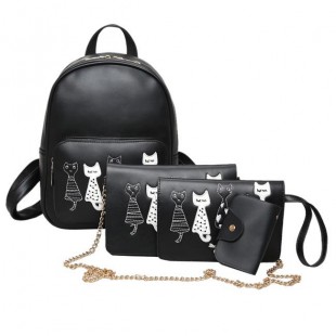کیف طرح گربه 4 تکه به همراه آویز خرس Set of 4 synthetic leather backpacks with cat
