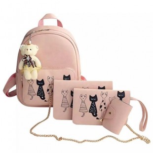 کیف طرح گربه 4 تکه به همراه آویز خرس Set of 4 synthetic leather backpacks with cat