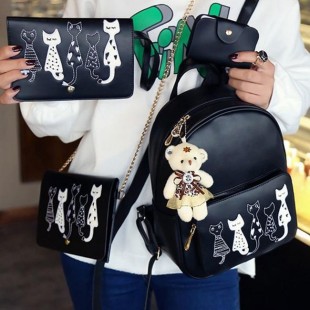 کیف طرح گربه 4 تکه به همراه آویز خرس Set of 4 synthetic leather backpacks with cat