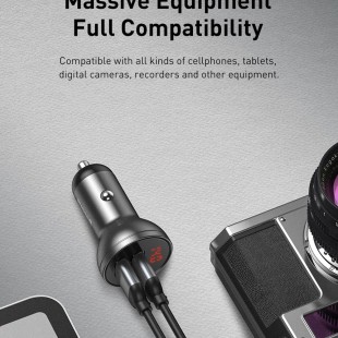 شارژر فندکی بیسوس مدل Baseus Digital Display Dual USB 4.8A Car Charger 24W with Three Primary Colors 3-in-1 Cable USB 1.2M