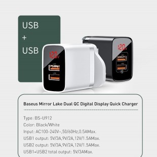 آداپتور دو خروجی بیسوس با صفحه نمایش دیجیتال مدل Baseus mirror lake dual qc digital display quick charger A+A UK CCJMHA-D01
