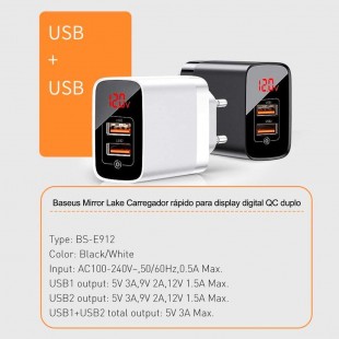 آداپتور دو خروجی یو اس بی با صفحه نمایش دیجیتال بیسوس مدل Baseus Mirror Lake Dual QC Digital Display quick Charger A+A EU CCJMHA-A01