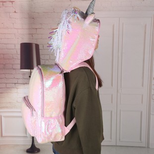 کوله پشتی پولکی اسب تک شاخ کلاهدار Unicorn sequins backpack hooded