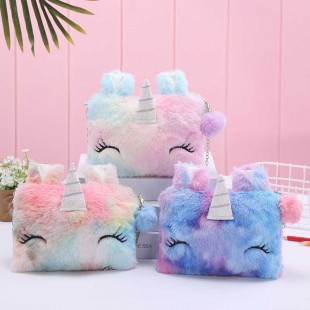 کیف دوشی اسب تک شاخ خزدار Unicorn cartoon plush cross body bag