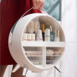 باکس حرفه‌ای لوازم آرایشی دایره‎‎‌ای Round shaped makeup organiser box with LED light and mirror